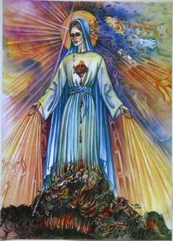 "Die Gottesmutter Maria mit ihrem Unbefleckten Herzen, mit Bluttränen, die aus ihren Augen gen Erde fließen - Bild von Margit Schottenberger